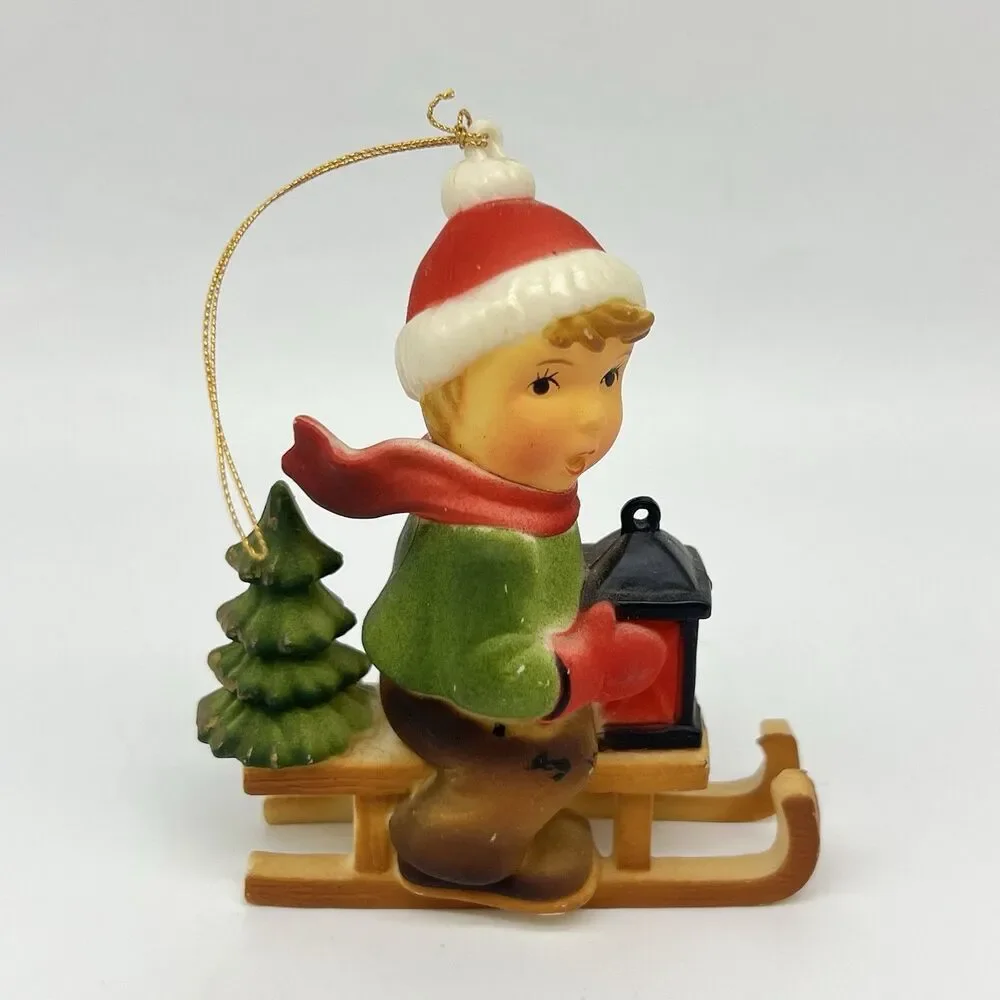 VTG 70s Hong Kong Plastic Christmas Ornament Children Mice Hummel Style Lot of 7